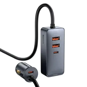 Nabíjačka do auta Baseus Share Together s predlžovacím káblom, 2x USB, 2x USB-C, 120 W (sivá)